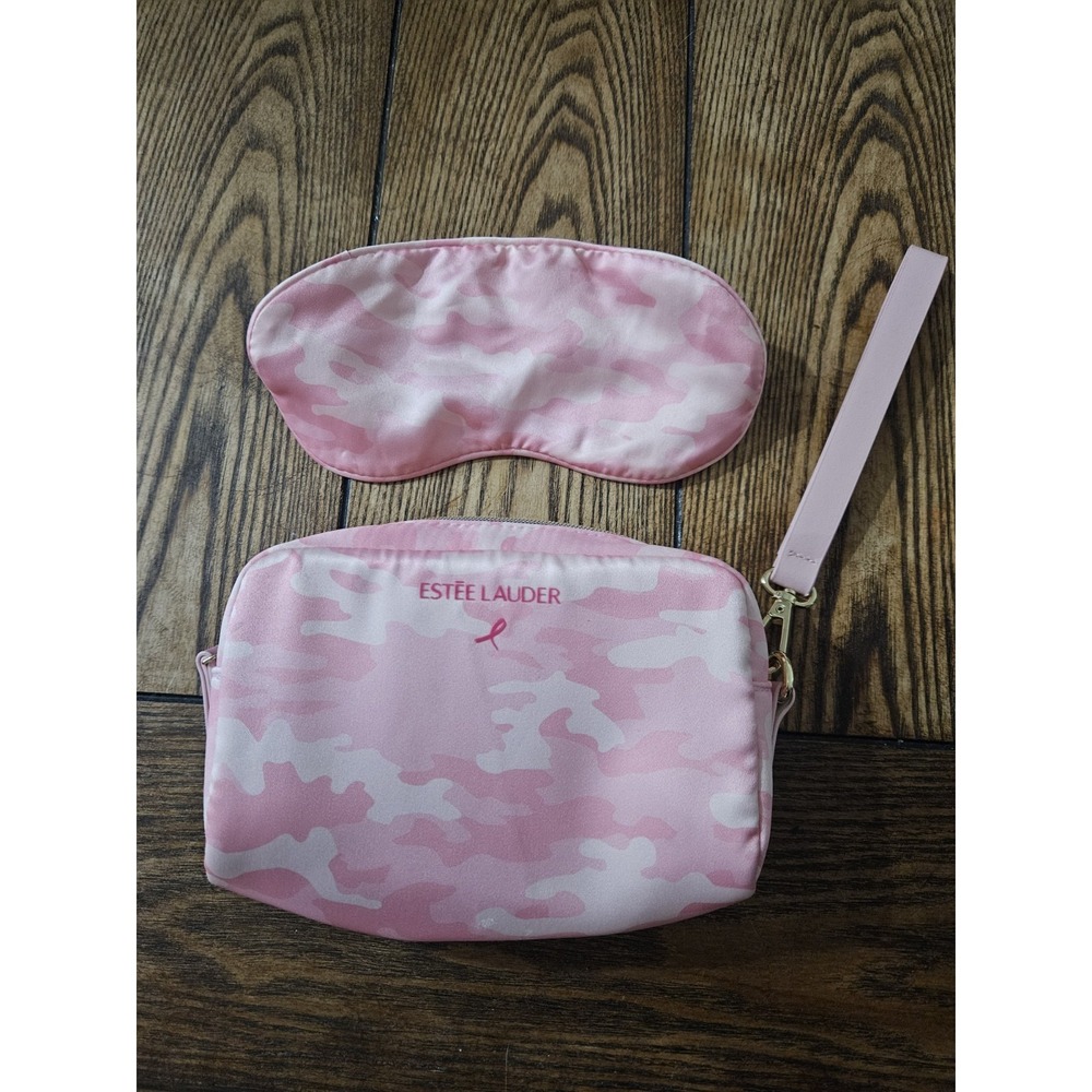 Estee Lauder GWP Pink Ribbon Collection Camo Cosmetic Bag Travel Eye Mask Set
